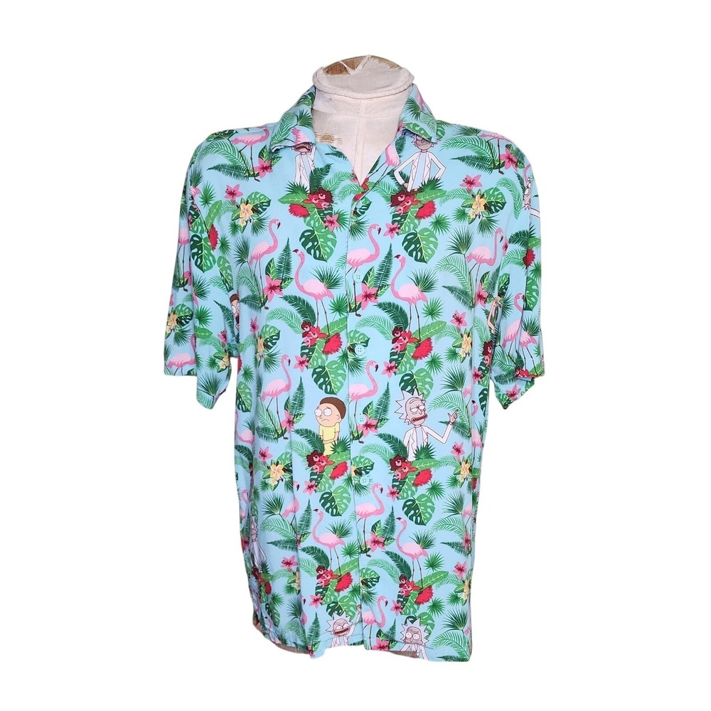 Rick and Morty Hawaiian button front short sleeve shirt Small Adult swim cartoon